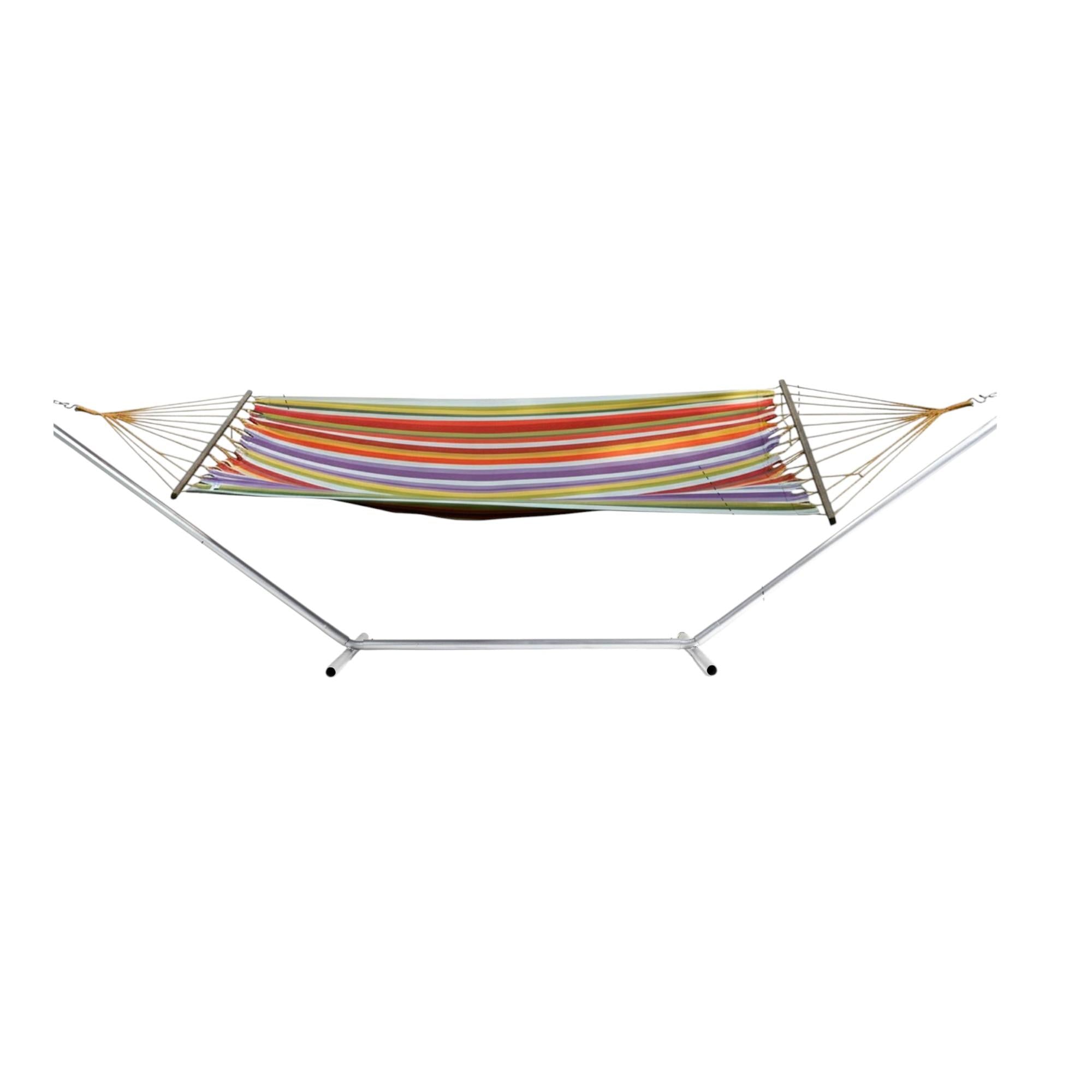 Single spreader bar hammock with red, yellow, and multicolor stripes