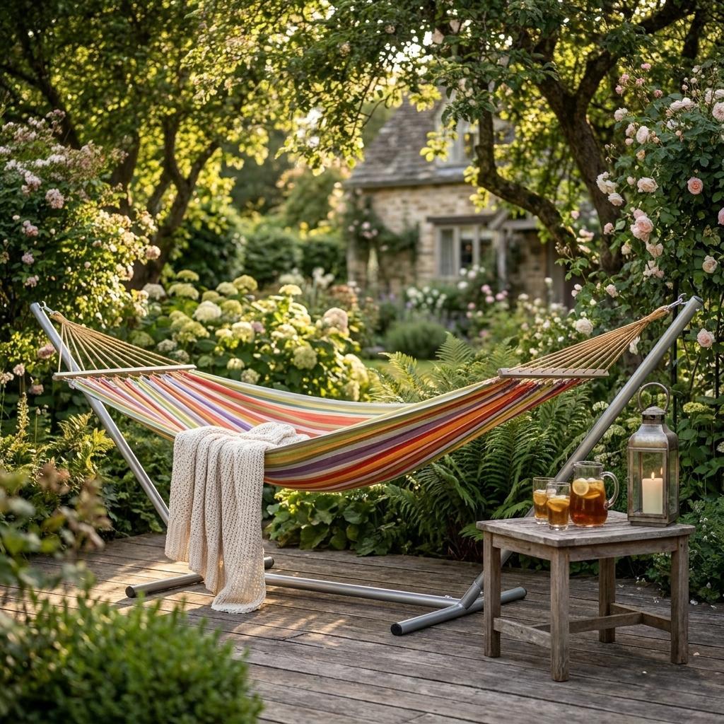 Outdoor single spreader bar hammock with red and yellow striped fabric