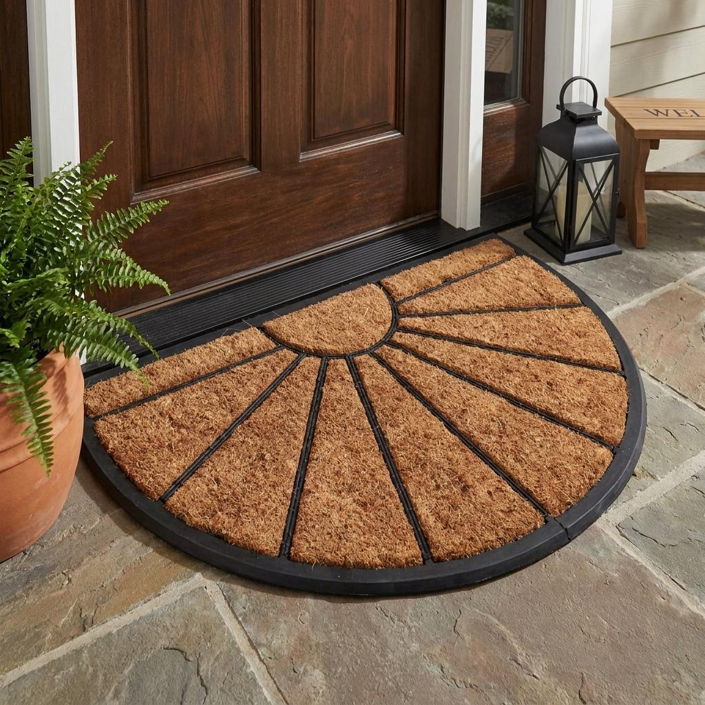 18" X 30" Beige and Black Rubber and Coir Outdoor Semi Circle Door Mat - Home & Garden