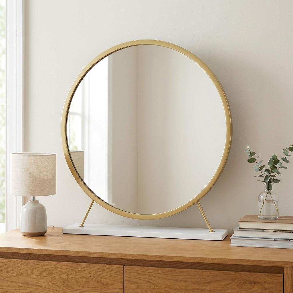 19" Brass Metal Round Freestanding Ornate Framed Makeup Shaving Tabletop Mirror - Bed & Bath