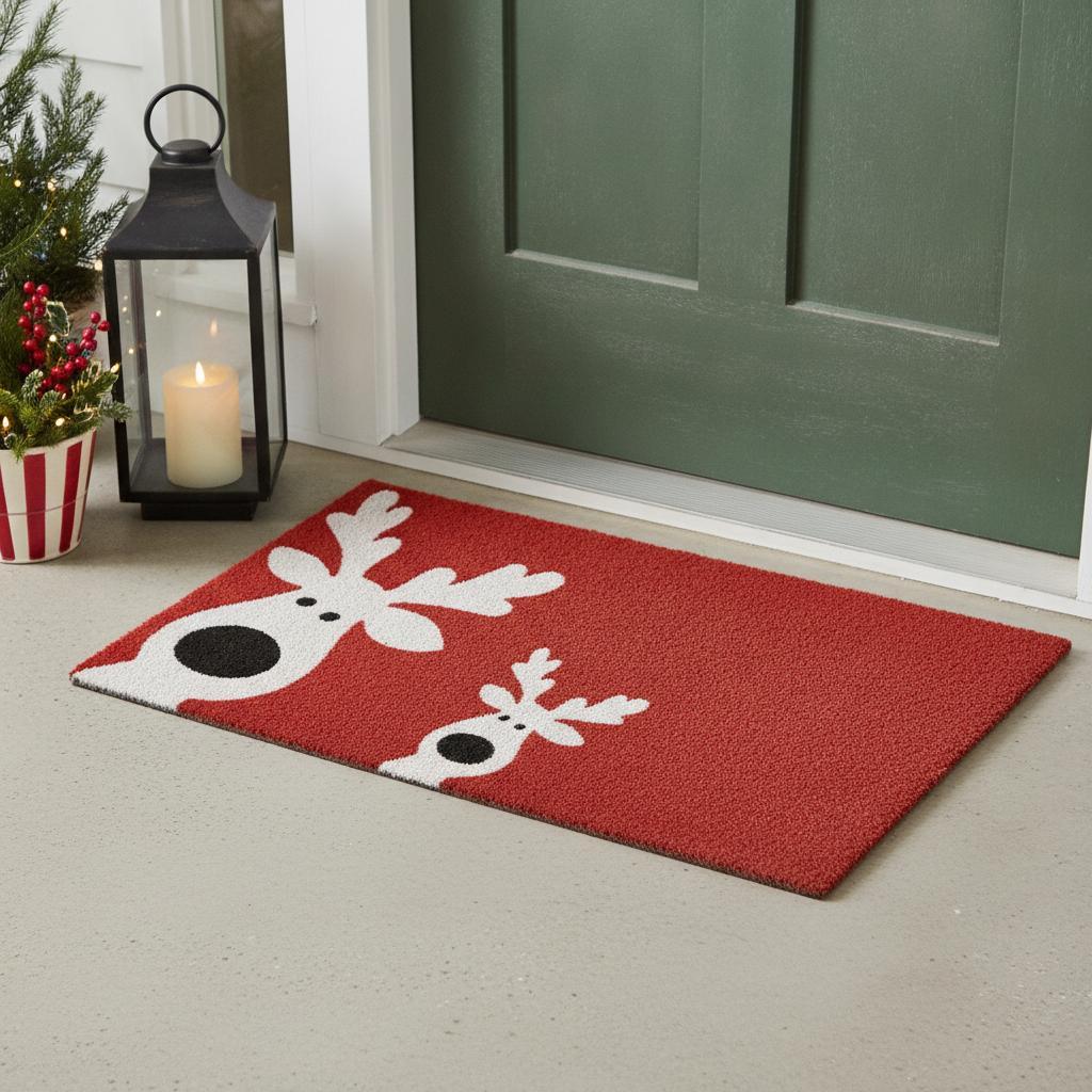 17" X 29" Red and White Coir Reindeer Outdoor Christmas Door Mat - Home & Garden