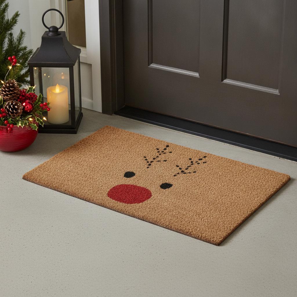 17" X 29" Natural Black and Red Coir Reindeer Outdoor Christmas Door Mat - Home & Garden