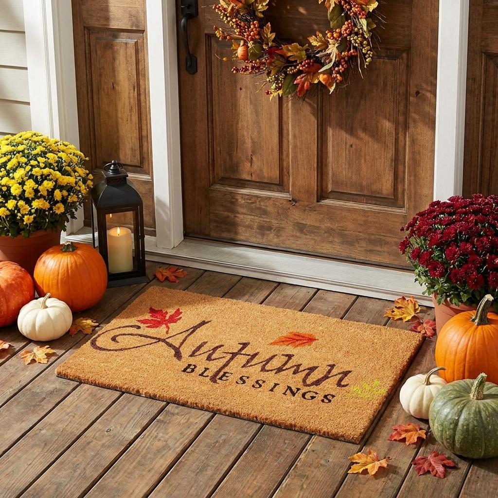 17" X 29" Natural Black And Orange Autumn Blessings Outdoor Coir Door Mat - Home & Garden