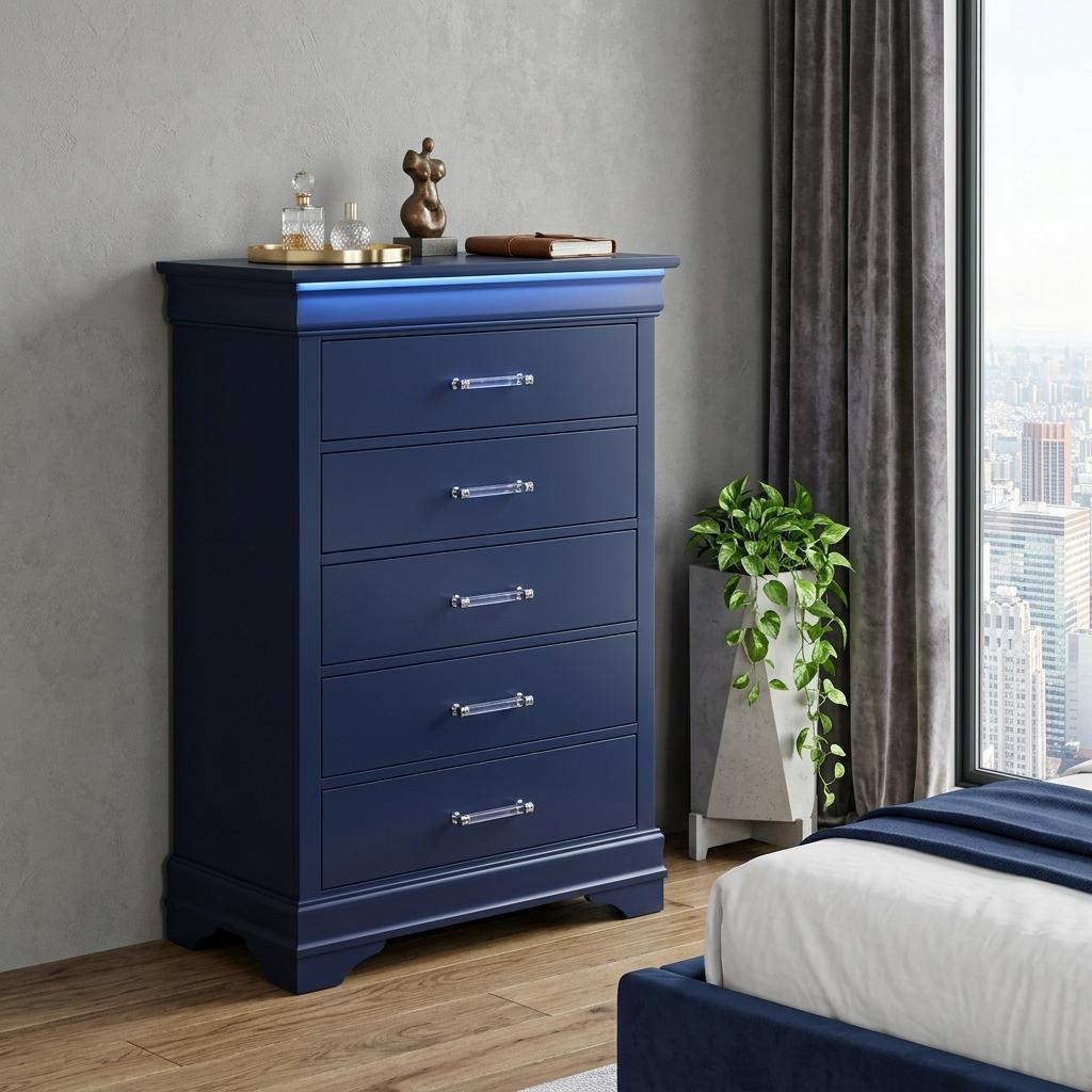 16" Blue Solid Wood Five Drawer Chest With LED Lighting - Bed & Bath