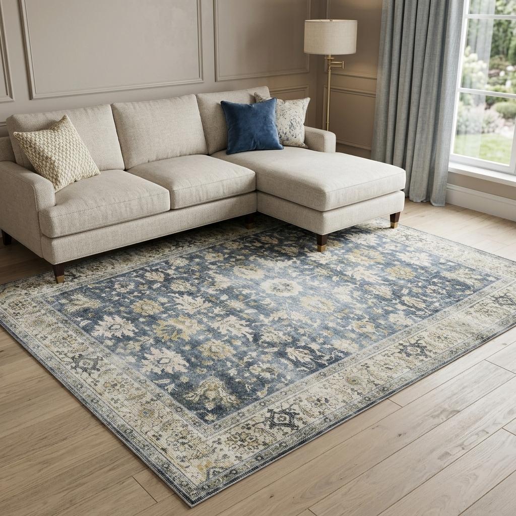 7' X 10' Blue and Ivory Oriental Non Skid Area Rug - Home & Garden