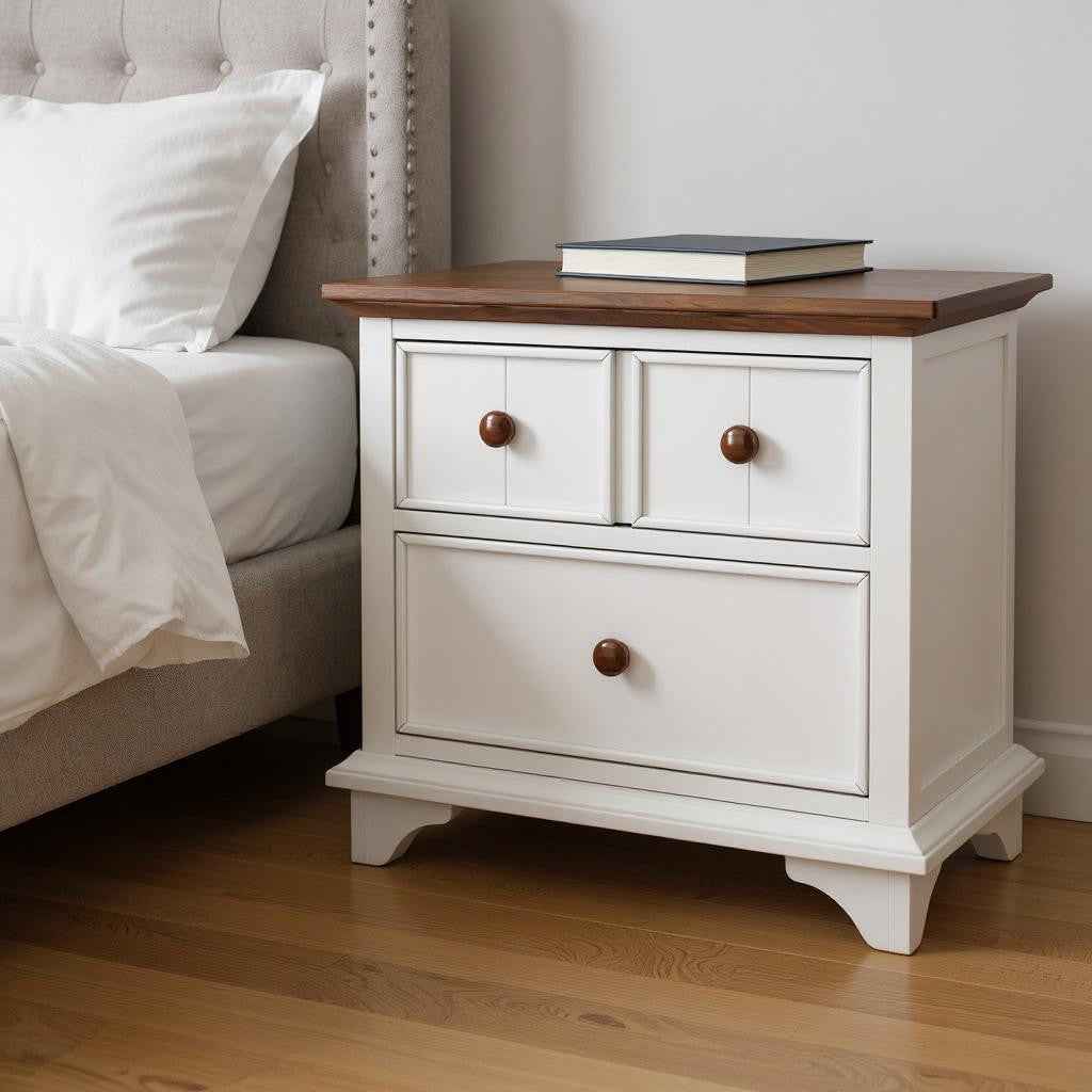 28" White And Walnut Brown Wood Two Drawer Nightstand