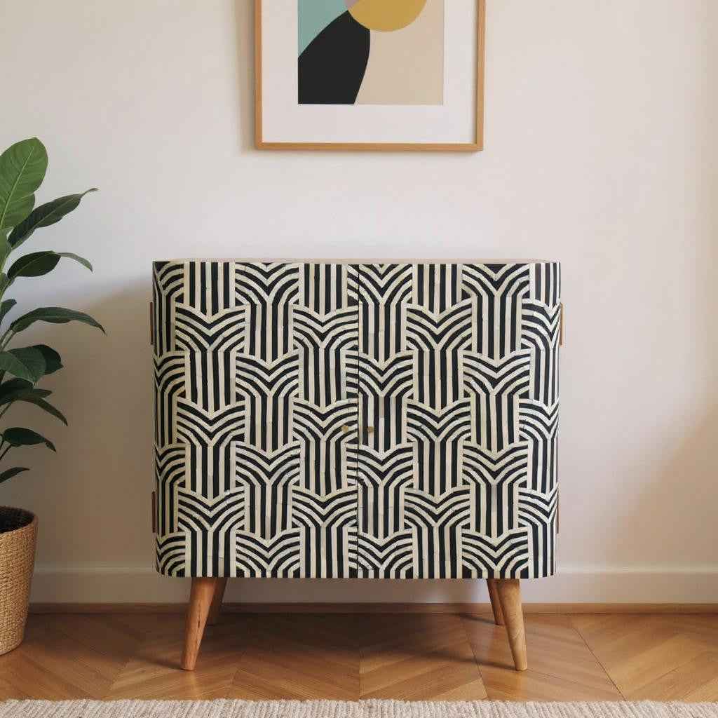 32" Dark Brown Black and White Solid Wood And Inlaid Bone Textured Accent Cabinet With Two Doors