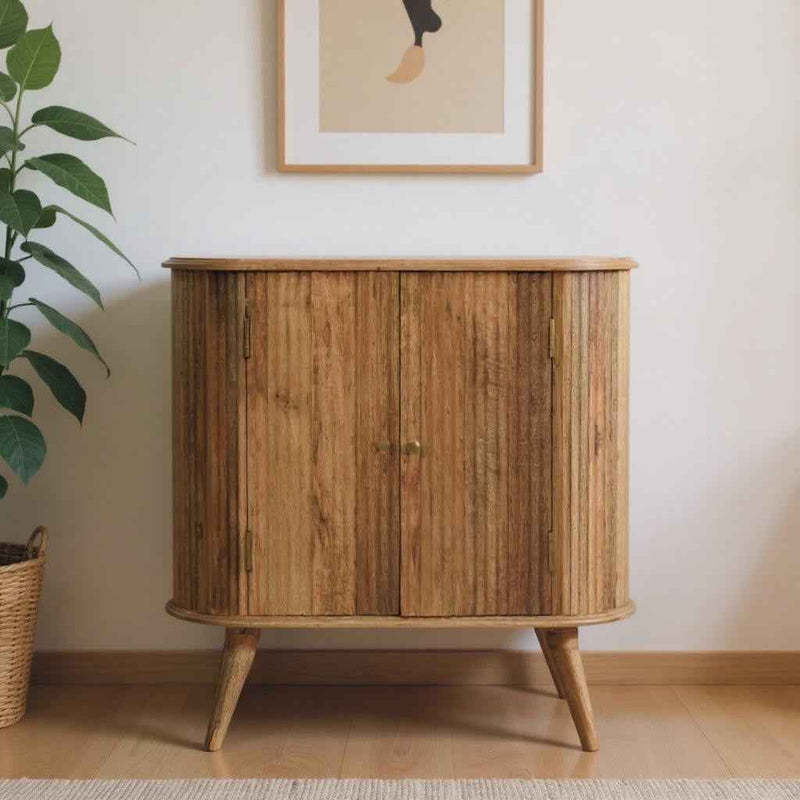 32" Brown Solid Wood Oval Ribbed Texture Cabinet With Two Doors