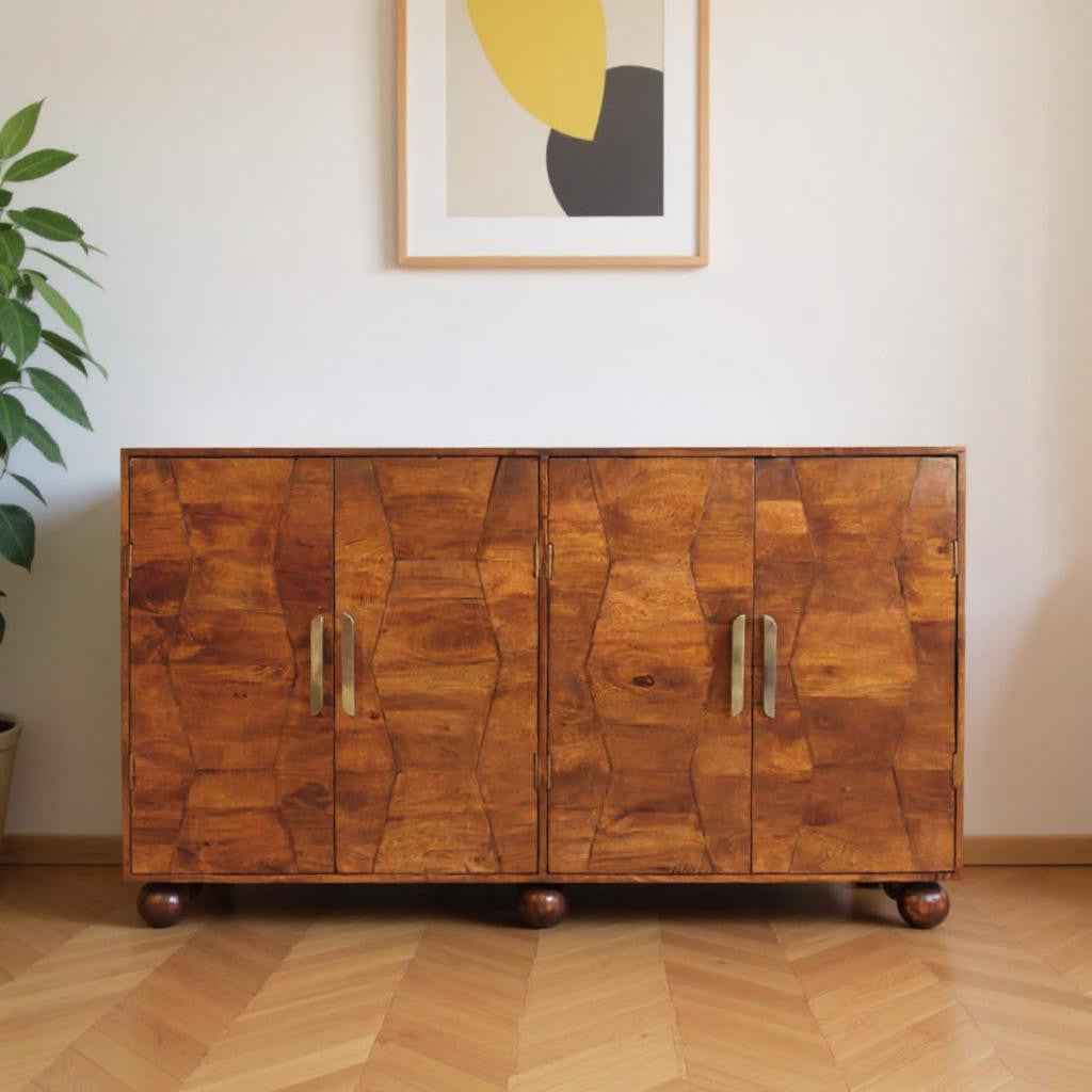 36" Chestnut Solid Wood Carved Geometric Accent Cabinet With Four Doors