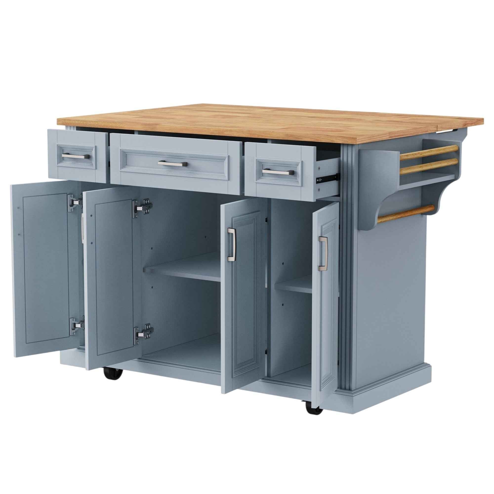 54" Light Blue Wood Rolling Kitchen Island With Storage