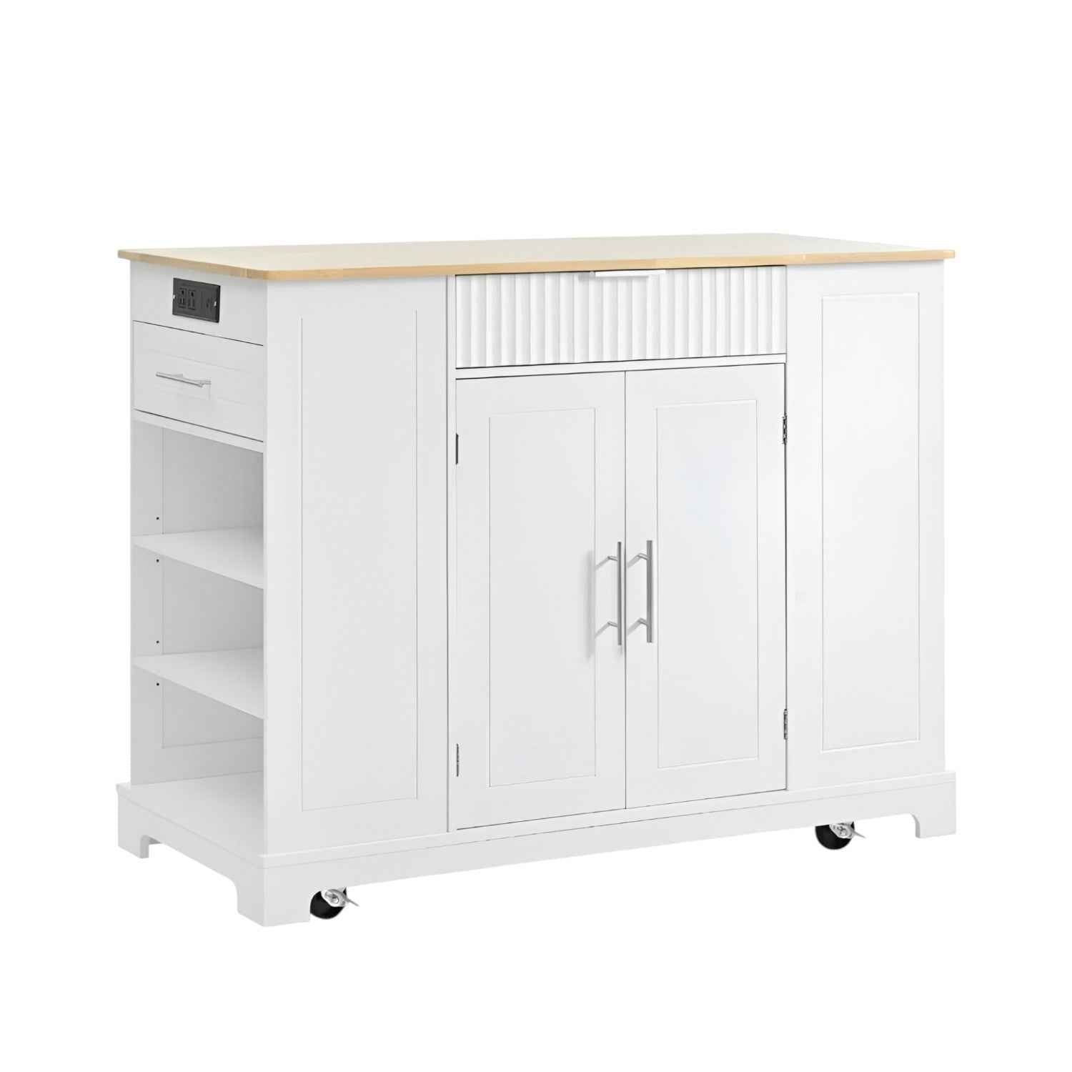 49" White Wood Rolling Kitchen Island With Storage
