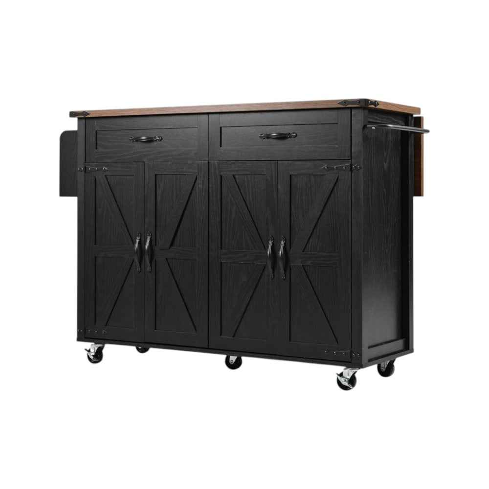 54" Black Wood Rolling Kitchen Island
