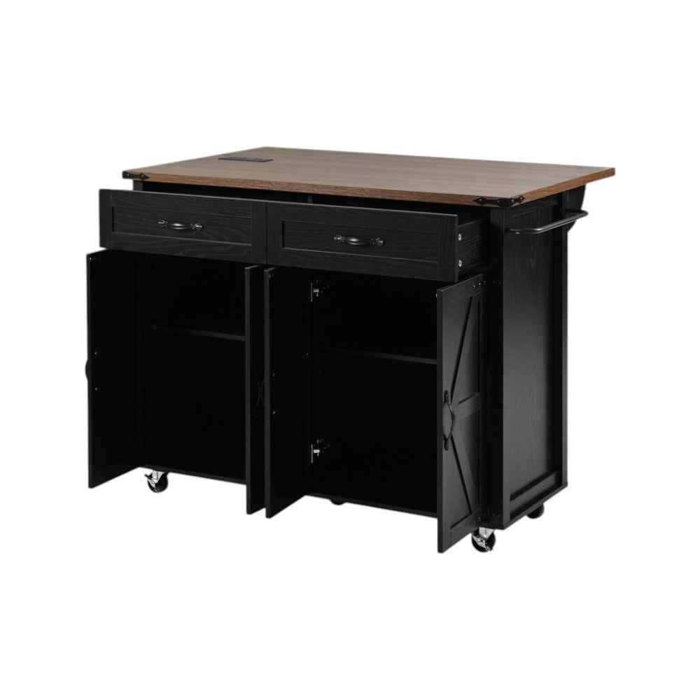 54" Black Wood Rolling Kitchen Island