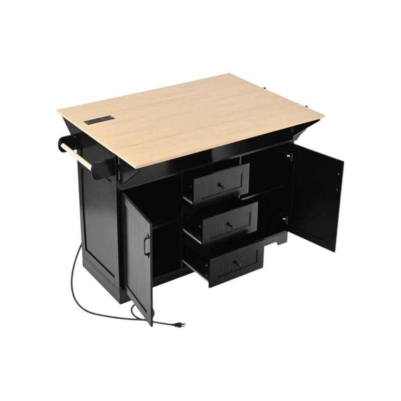 56" Black Wood Rolling Kitchen Island With Storage