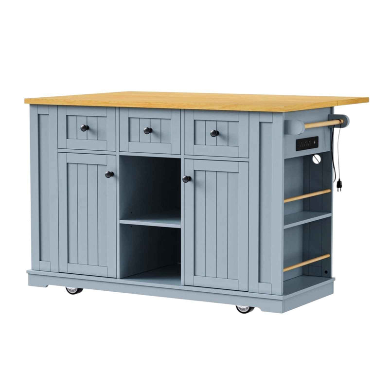53" Light Blue Wood Rolling Kitchen Island With Storage