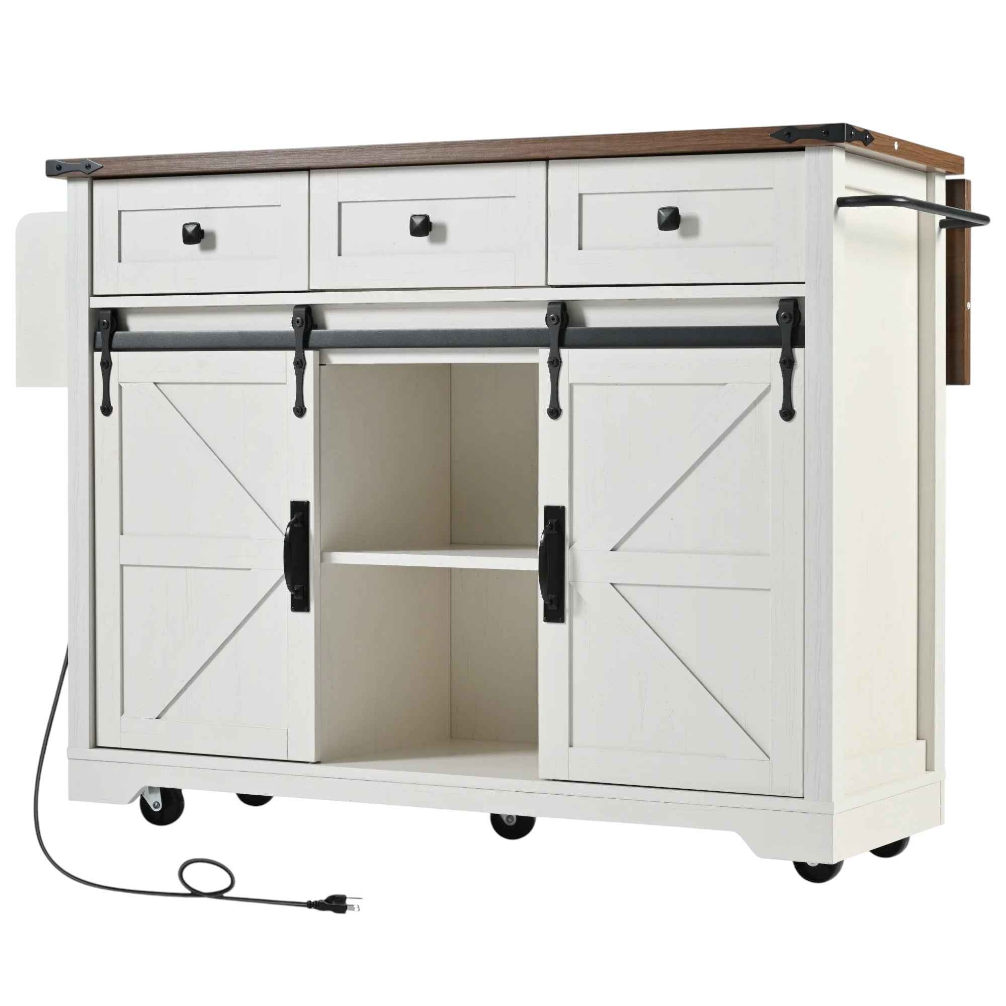 54" White Wood Rolling Kitchen Island