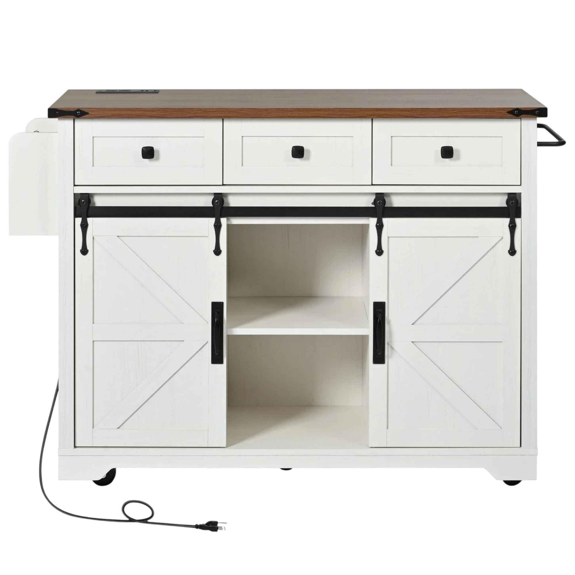 54" White Wood Rolling Kitchen Island