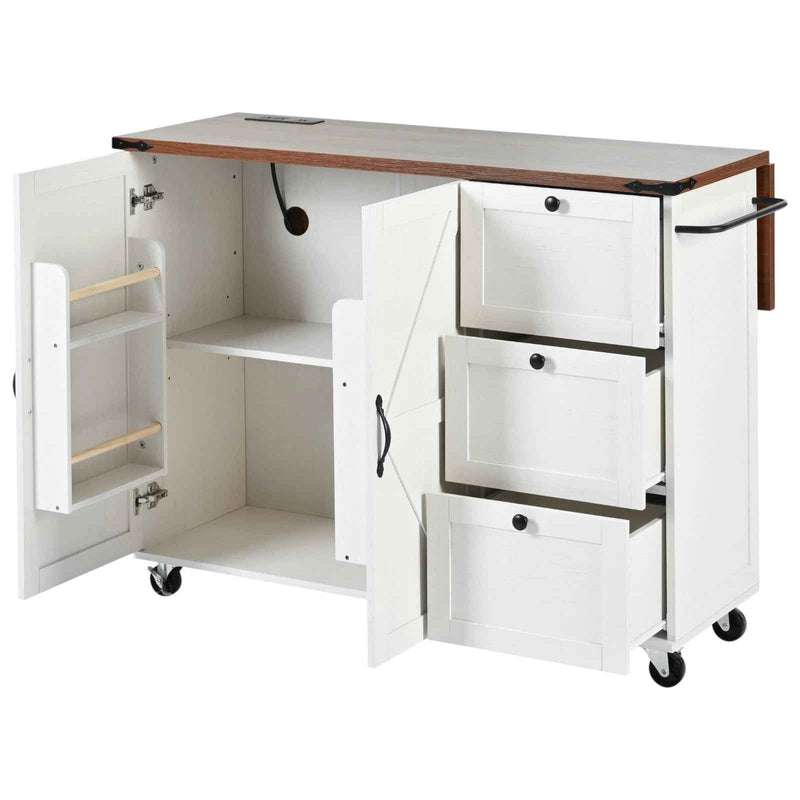 55" White Wood Rolling Kitchen Island