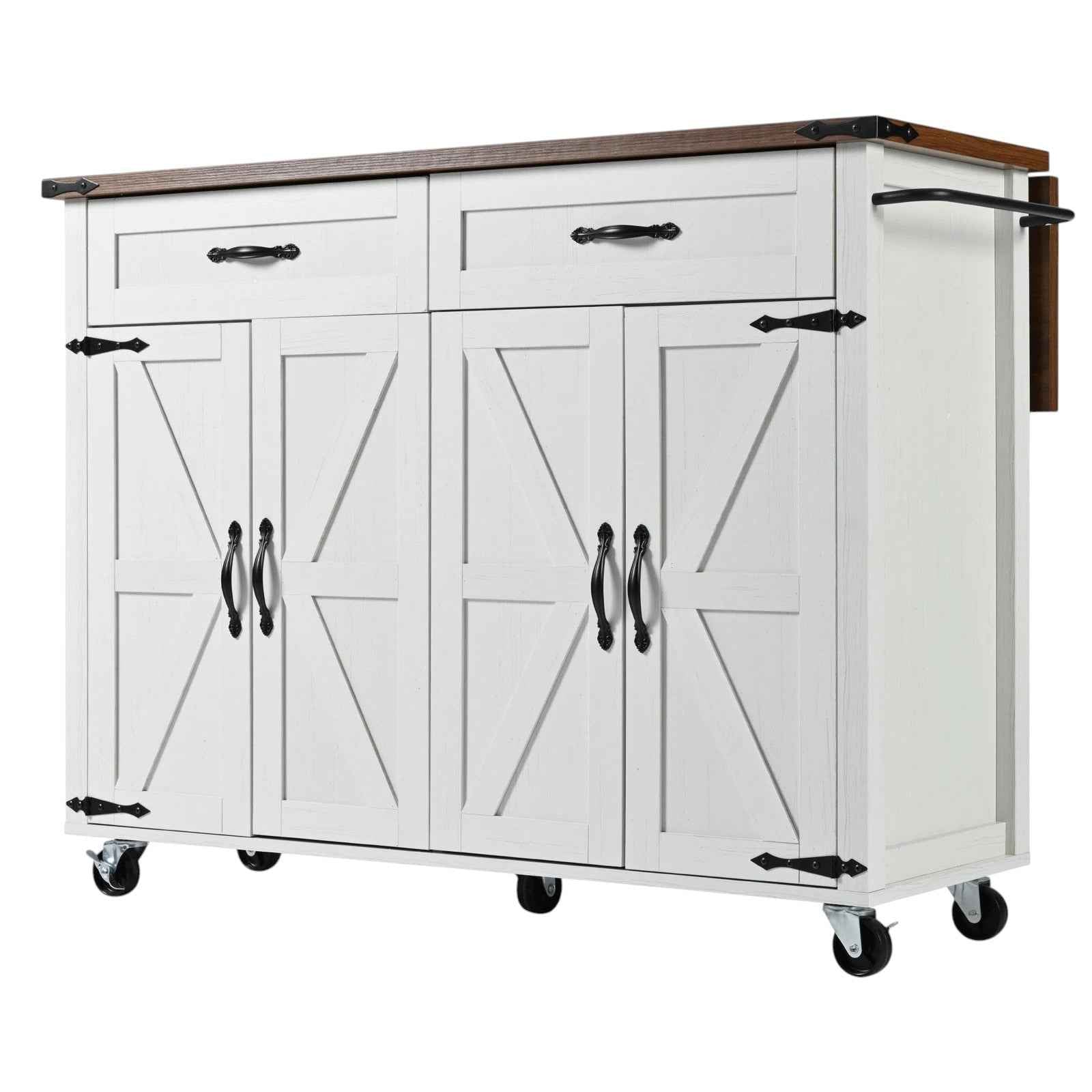 54" White Wood Rolling Kitchen Island