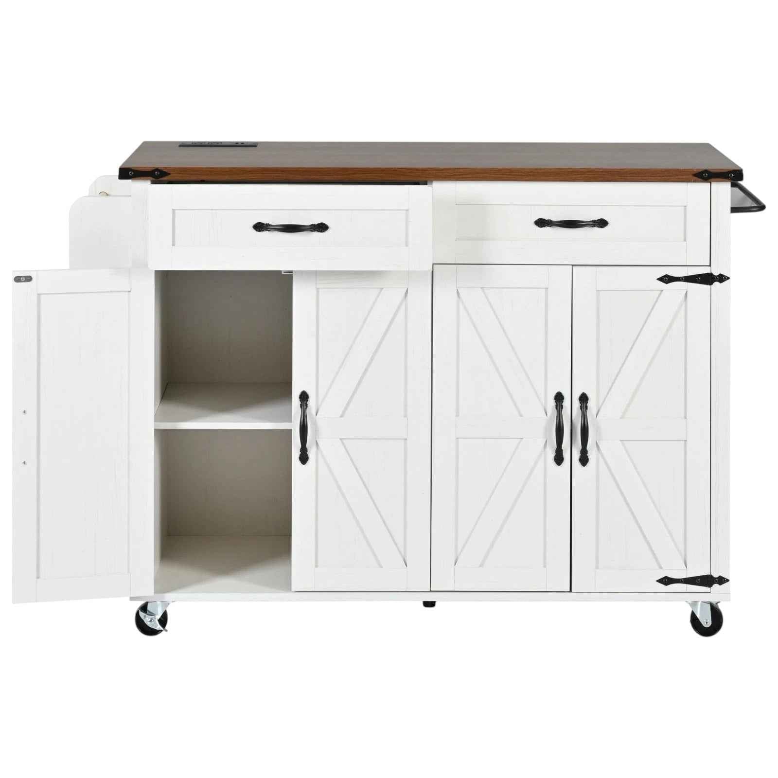 54" White Wood Rolling Kitchen Island