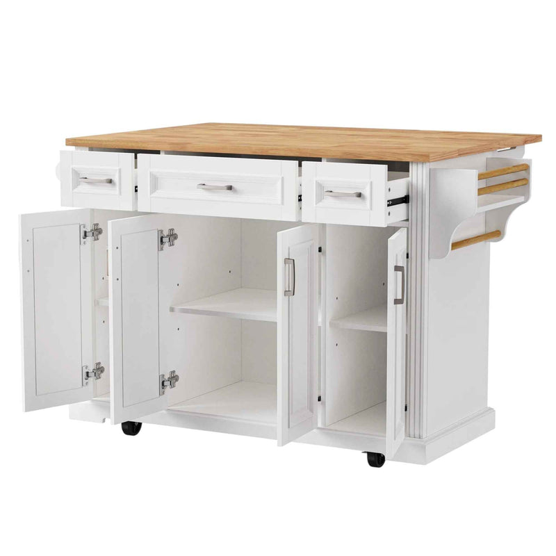 54" White Wood Rolling Kitchen Island With Storage