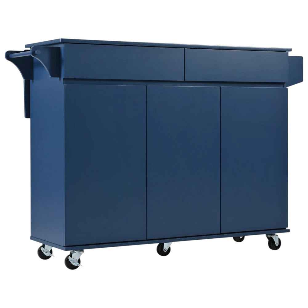 53" Navy Blue Wood Rolling Kitchen Island