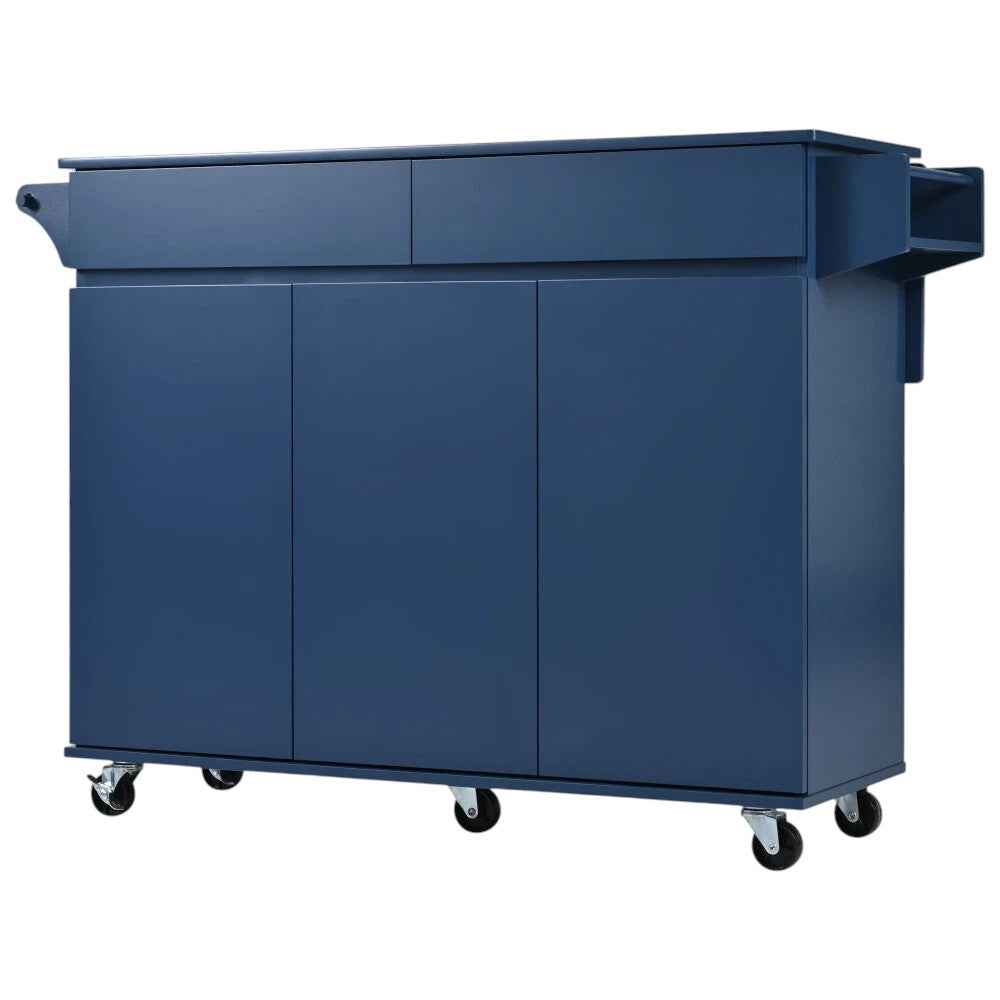 53" Navy Blue Wood Rolling Kitchen Island