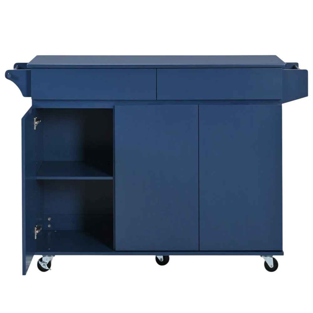53" Navy Blue Wood Rolling Kitchen Island
