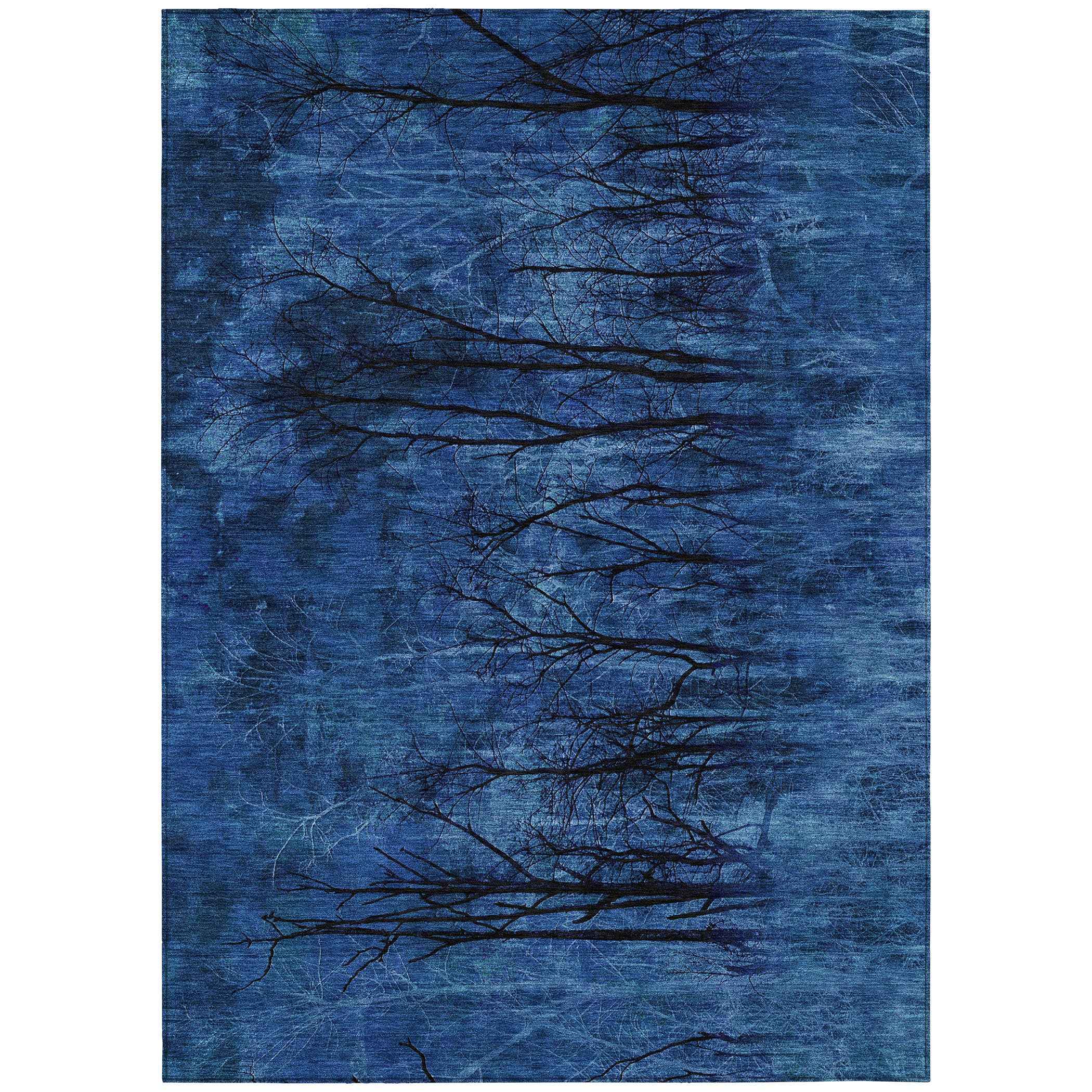 8' X 10' Blue And Charcoal Floral Washable Indoor Outdoor Area Rug