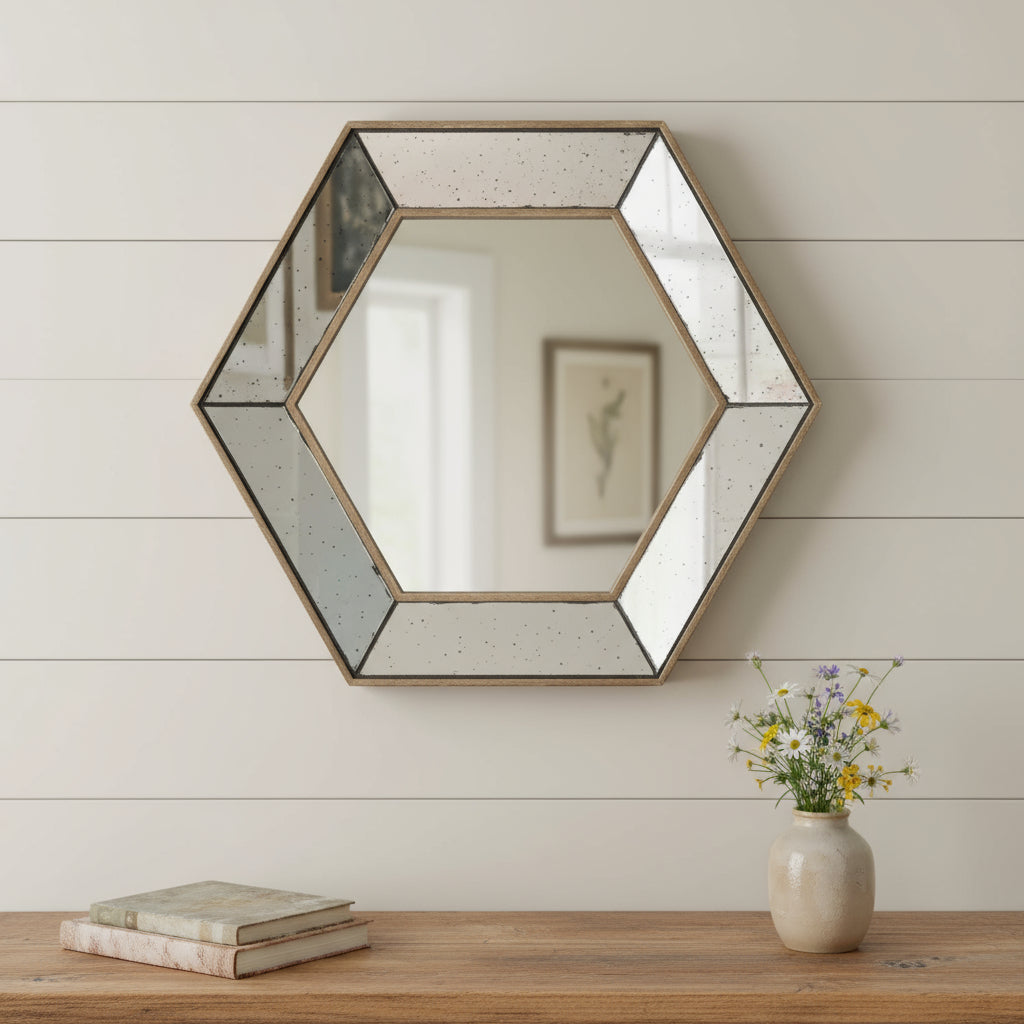 18" Hexagon Wall Mounted Vintage Style Glass Frame Accent Mirror - Bed & Bath