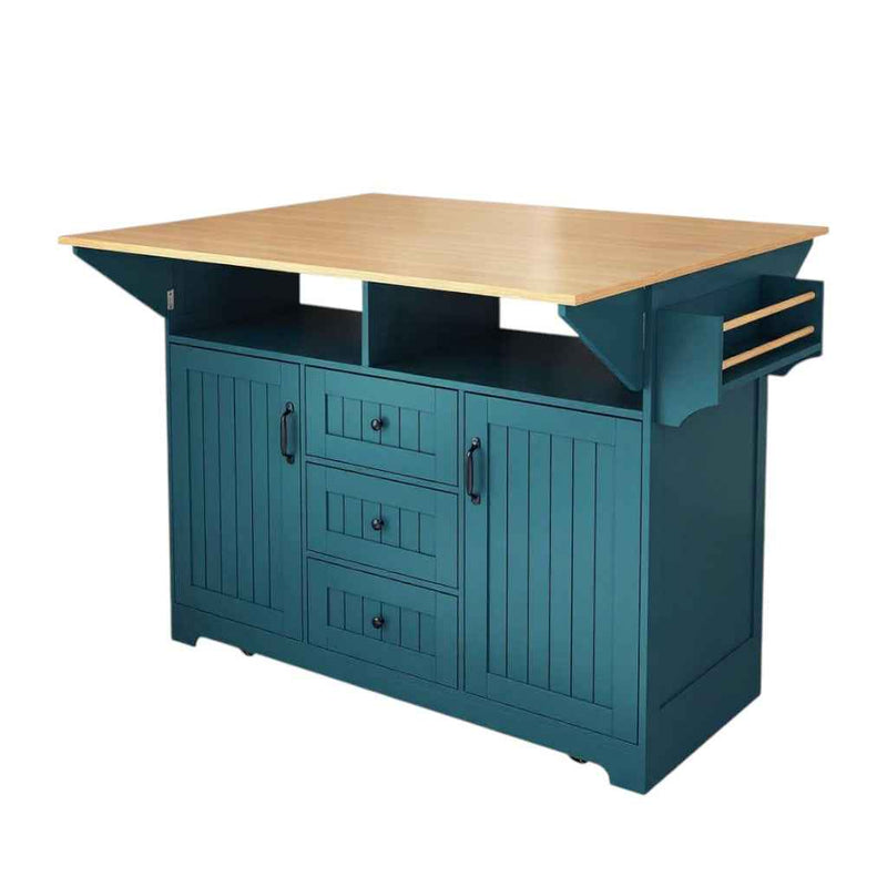 56" Teal Blue Wood Rolling Kitchen Island With Storage