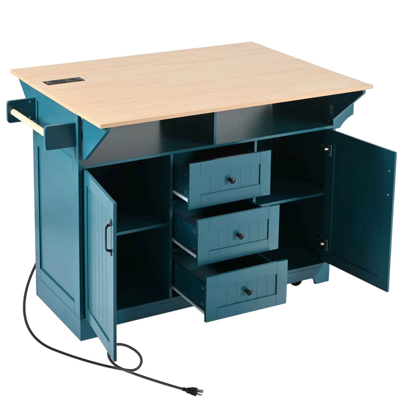 56" Teal Blue Wood Rolling Kitchen Island With Storage
