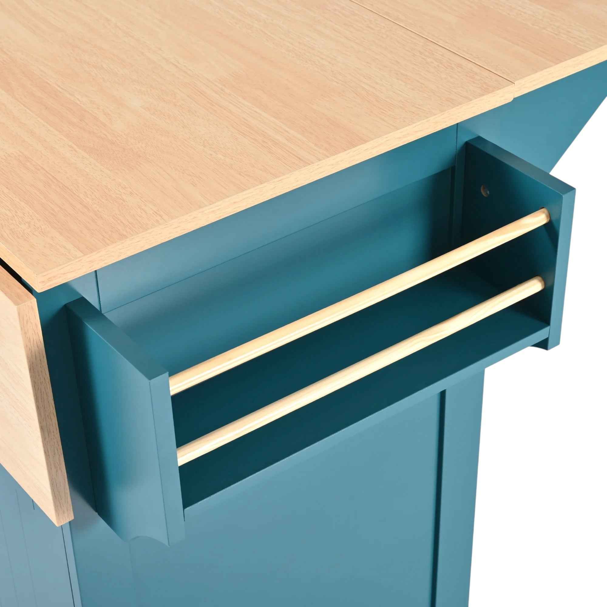 56" Teal Blue Wood Rolling Kitchen Island With Storage