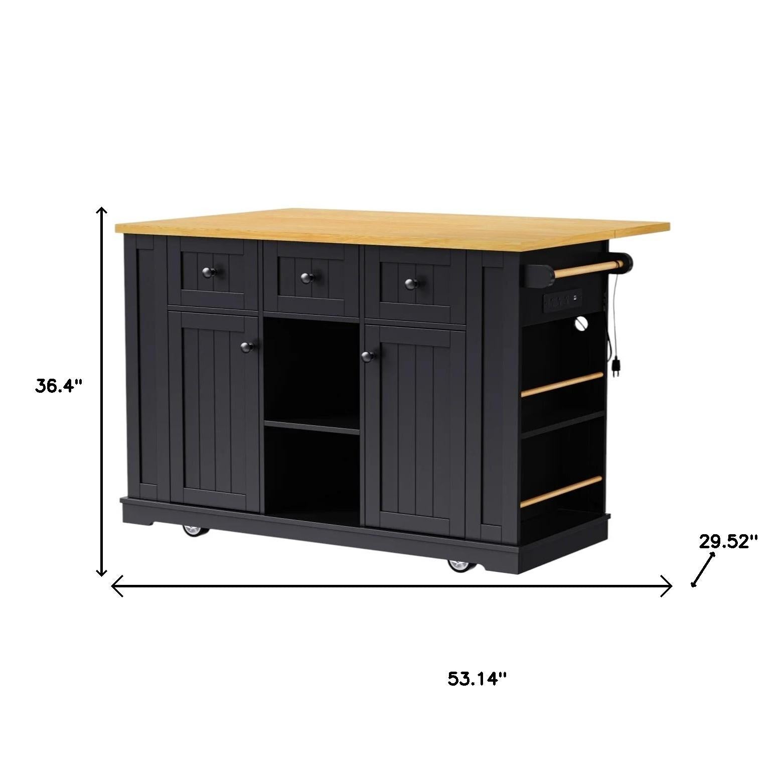 53" Black Wood Rolling Kitchen Island With Storage - GreatEagleInc