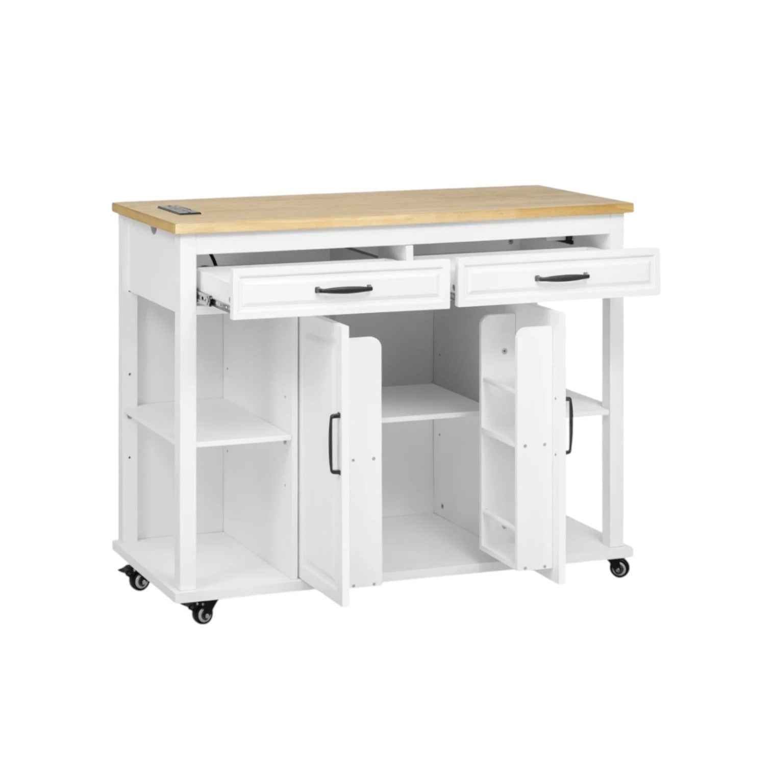 47" White Wood Rolling Kitchen Island With Storage