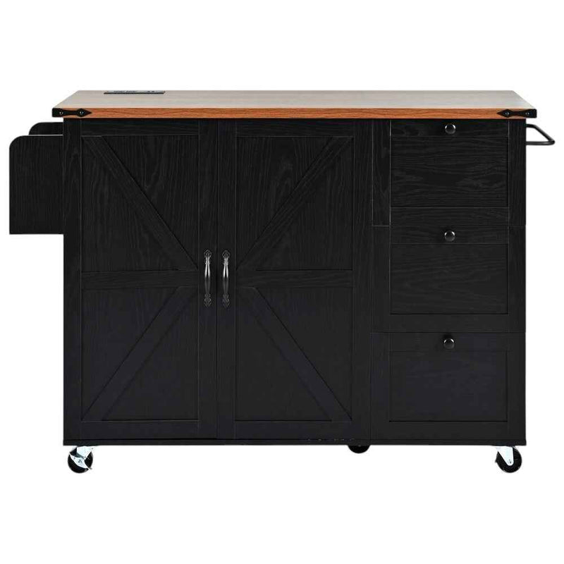55" Black Wood Rolling Kitchen Island
