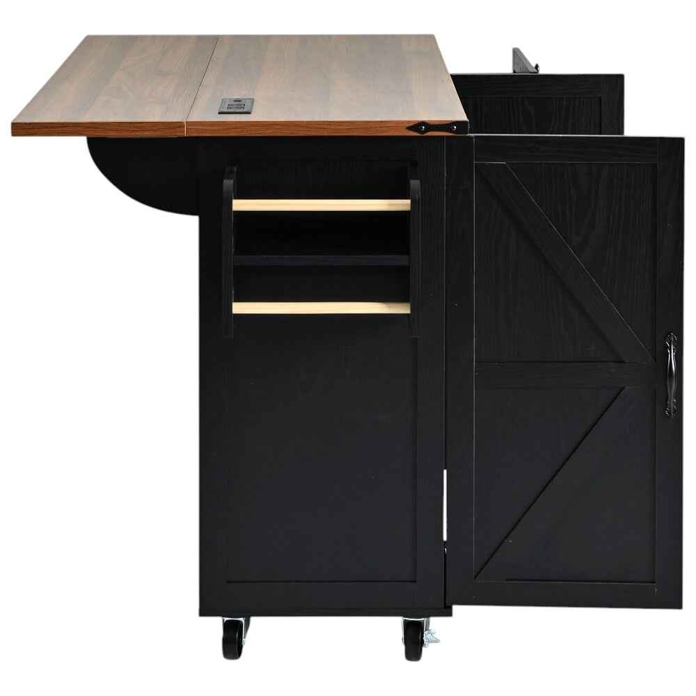 55" Black Wood Rolling Kitchen Island