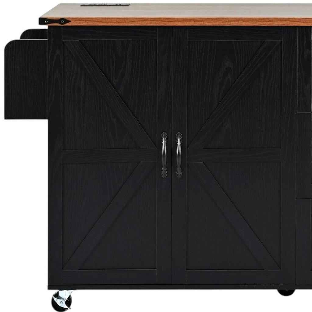 55" Black Wood Rolling Kitchen Island