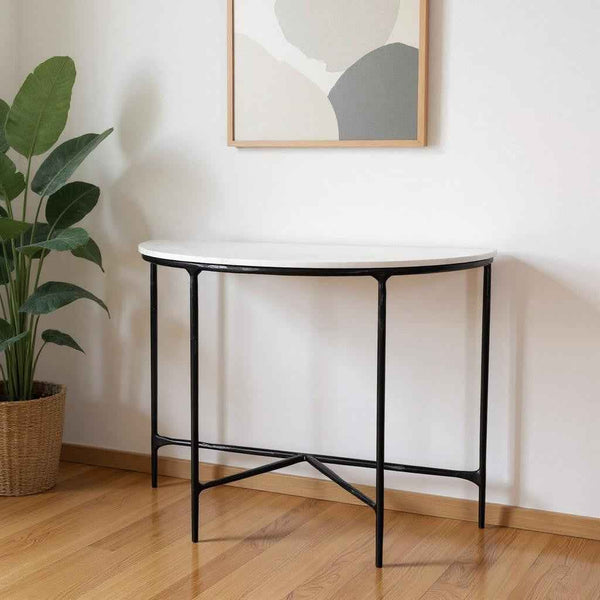 36" White and Black Genuine Marble and Iron Half Moon Console Table Default Title