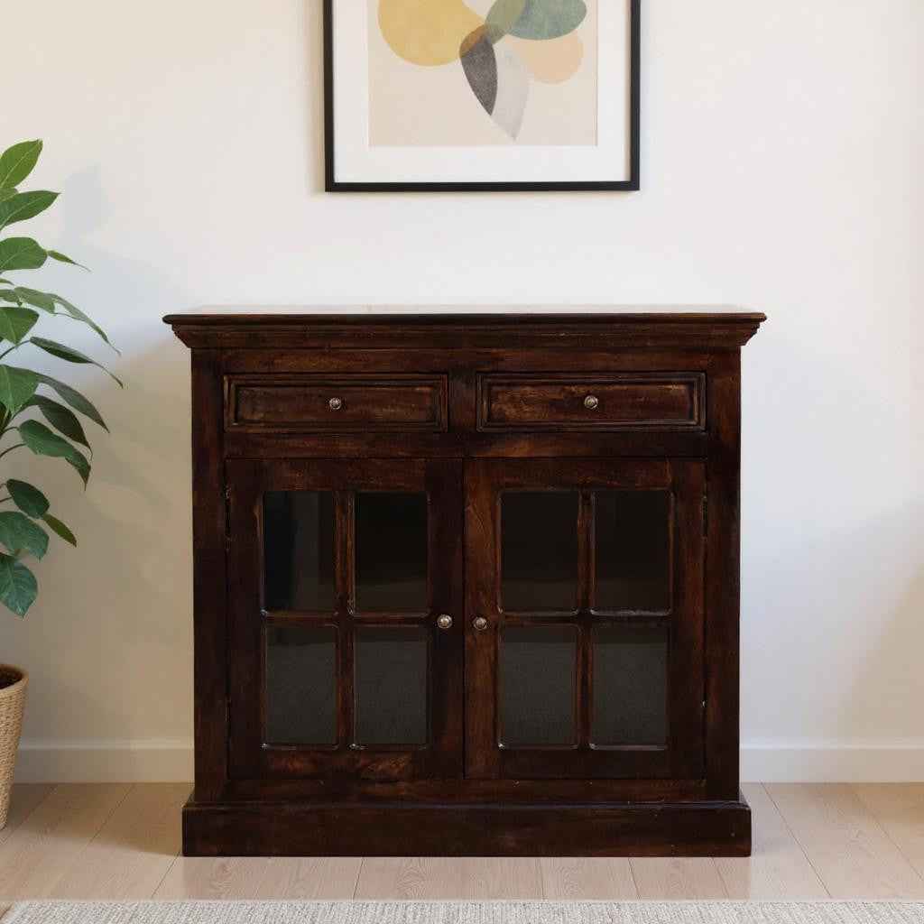 35" Walnut Solid Wood Accent Cabinet With Two Doors And Two Drawers