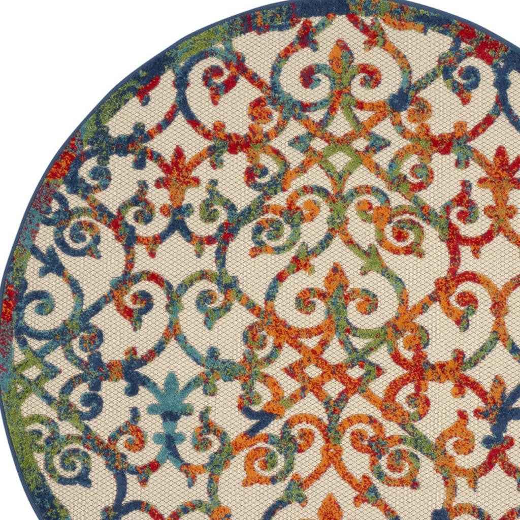 4' Ivory And Blue Round Indoor Outdoor Area Rug