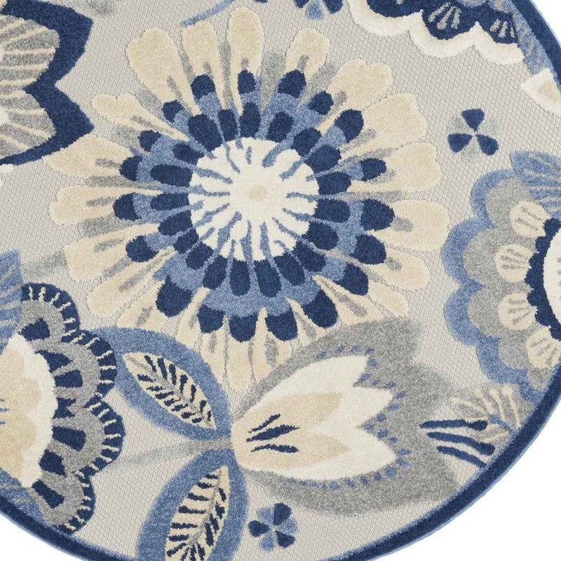 4' Blue Gray And Ivory Round Floral Indoor Outdoor Area Rug