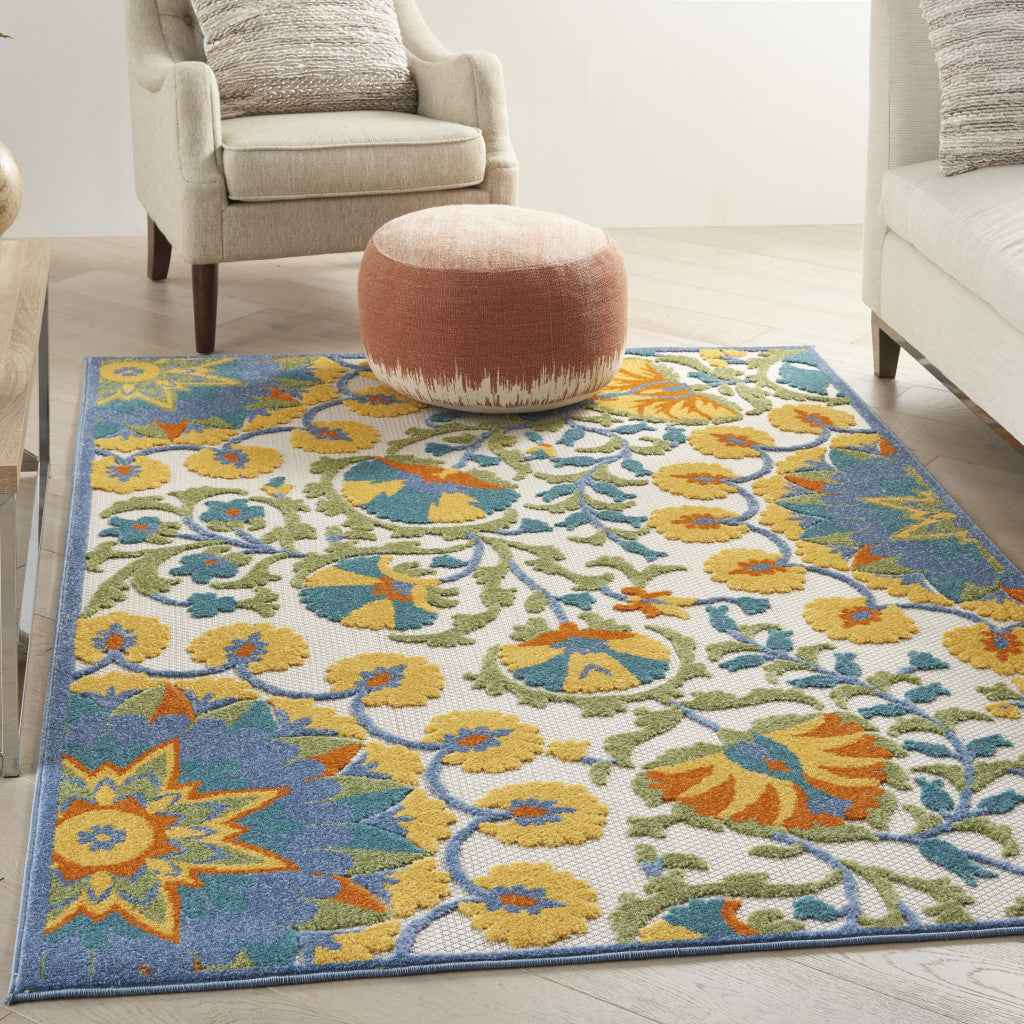 5' X 8' Ivory And Blue Floral Indoor Outdoor Area Rug