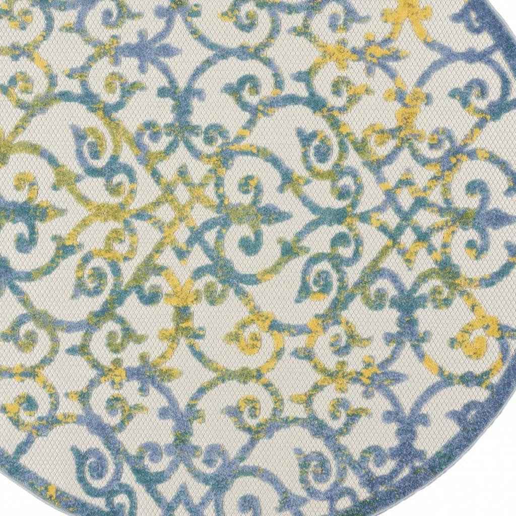 4' Ivory And Blue Round Indoor Outdoor Area Rug