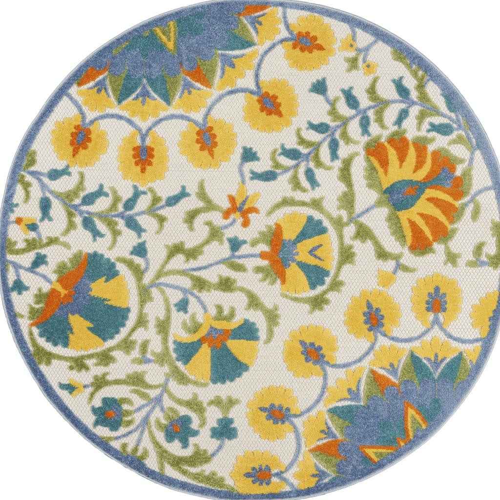 4' Ivory And Blue Round Floral Indoor Outdoor Area Rug