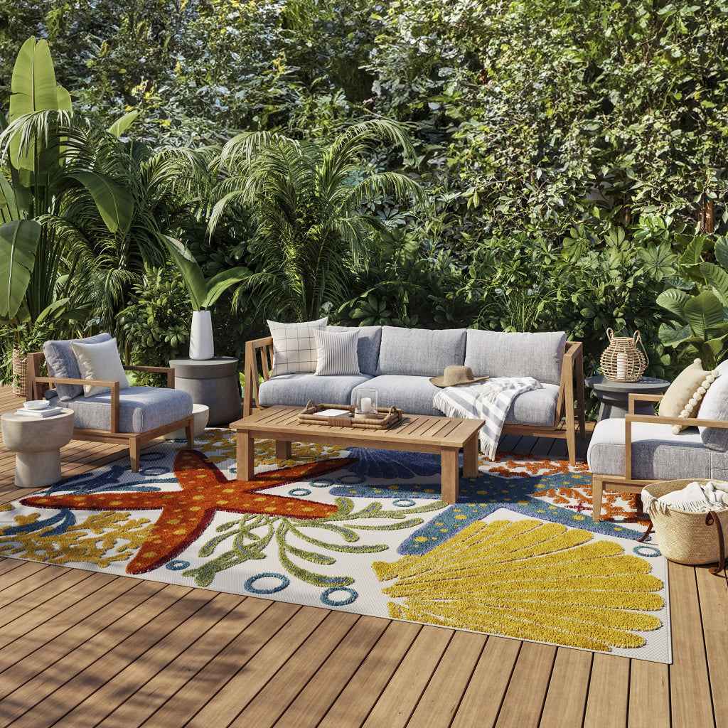 7' X 10' Yellow And Ivory Indoor Outdoor Area Rug