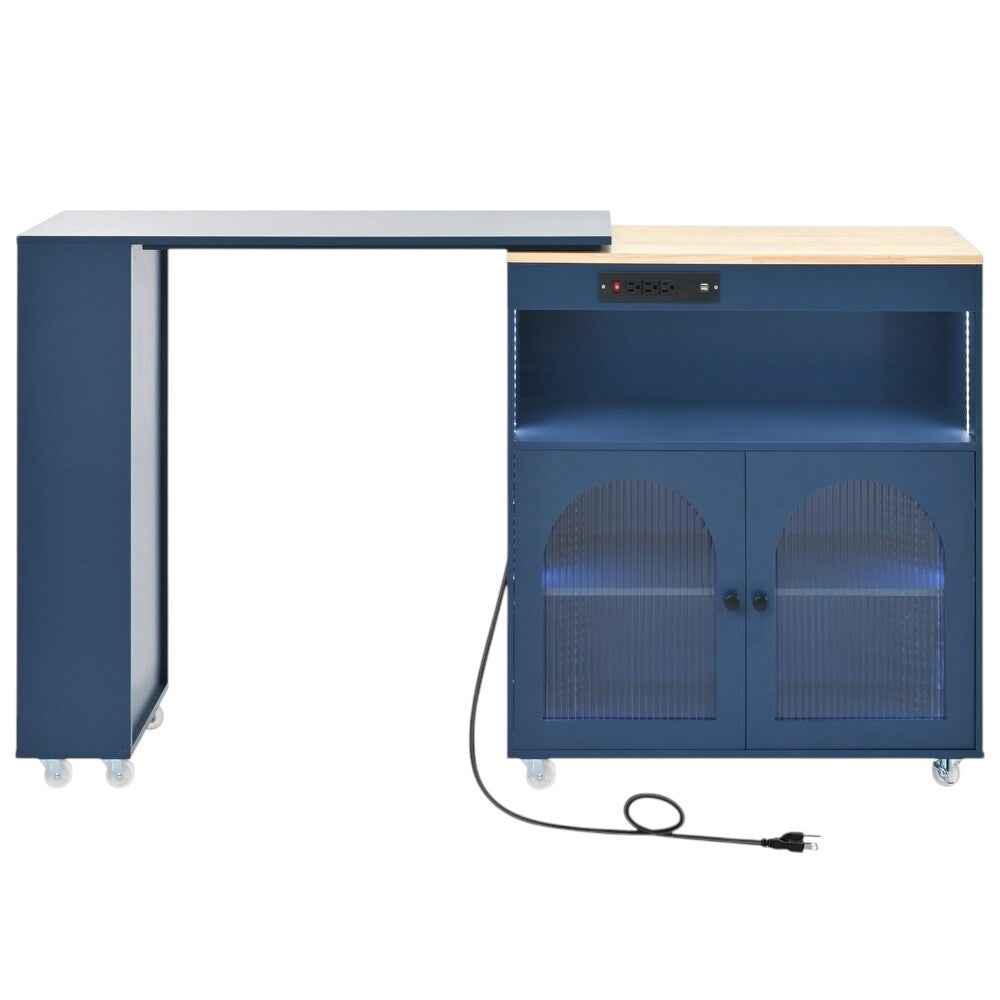 33" Navy Blue Wood Rolling Kitchen Island With Storage