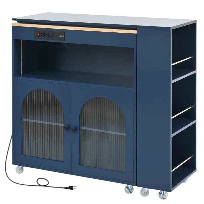 33" Navy Blue Wood Rolling Kitchen Island With Storage