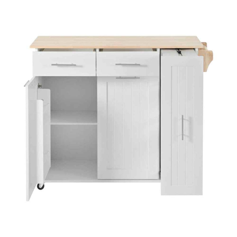 46" White Wood Rolling Kitchen Island With Storage