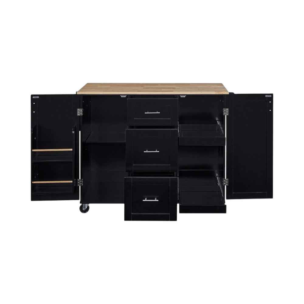 50" Black Wood Rolling Kitchen Island